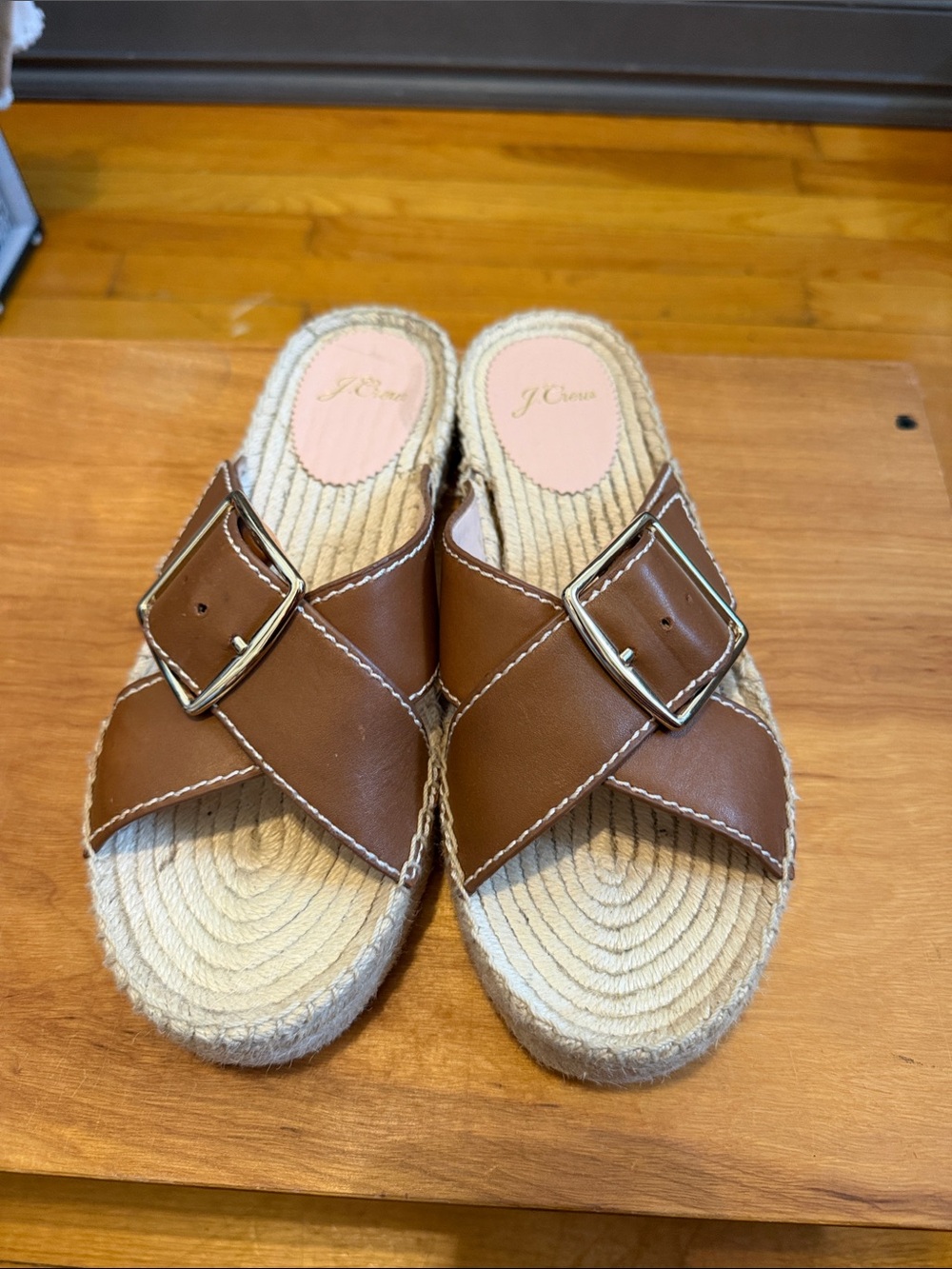 J. Crew Brown Leather Buckle Espadrille Slide Sandals